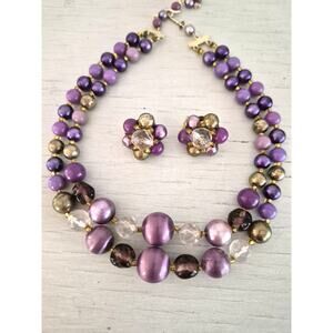 Vintage Japan Purple Acrylic Double Strand Choker Necklace and Earring Set
